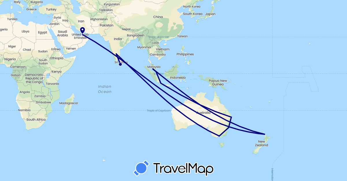 TravelMap itinerary: driving in United Arab Emirates, Australia, Indonesia, India, Sri Lanka, Malaysia, New Zealand, Singapore (Asia, Oceania)